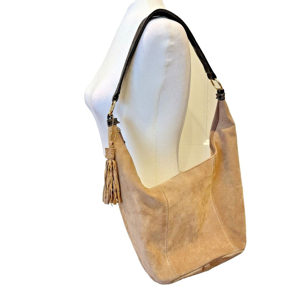 Vtg y2k Taupe Suede Shoulder Bag Tassel Hobo Slouchy Handbag Purse Boho Western